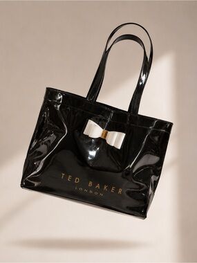 Ted Baker Black Patent Tote with White Bow Accent